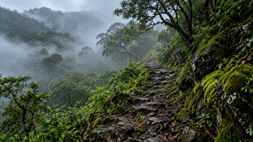 Old forest trail through the misty Western Ghats representing the historic Sispara Ghat route