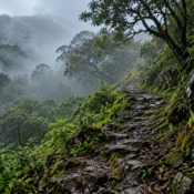 Old forest trail through the misty Western Ghats representing the historic Sispara Ghat route